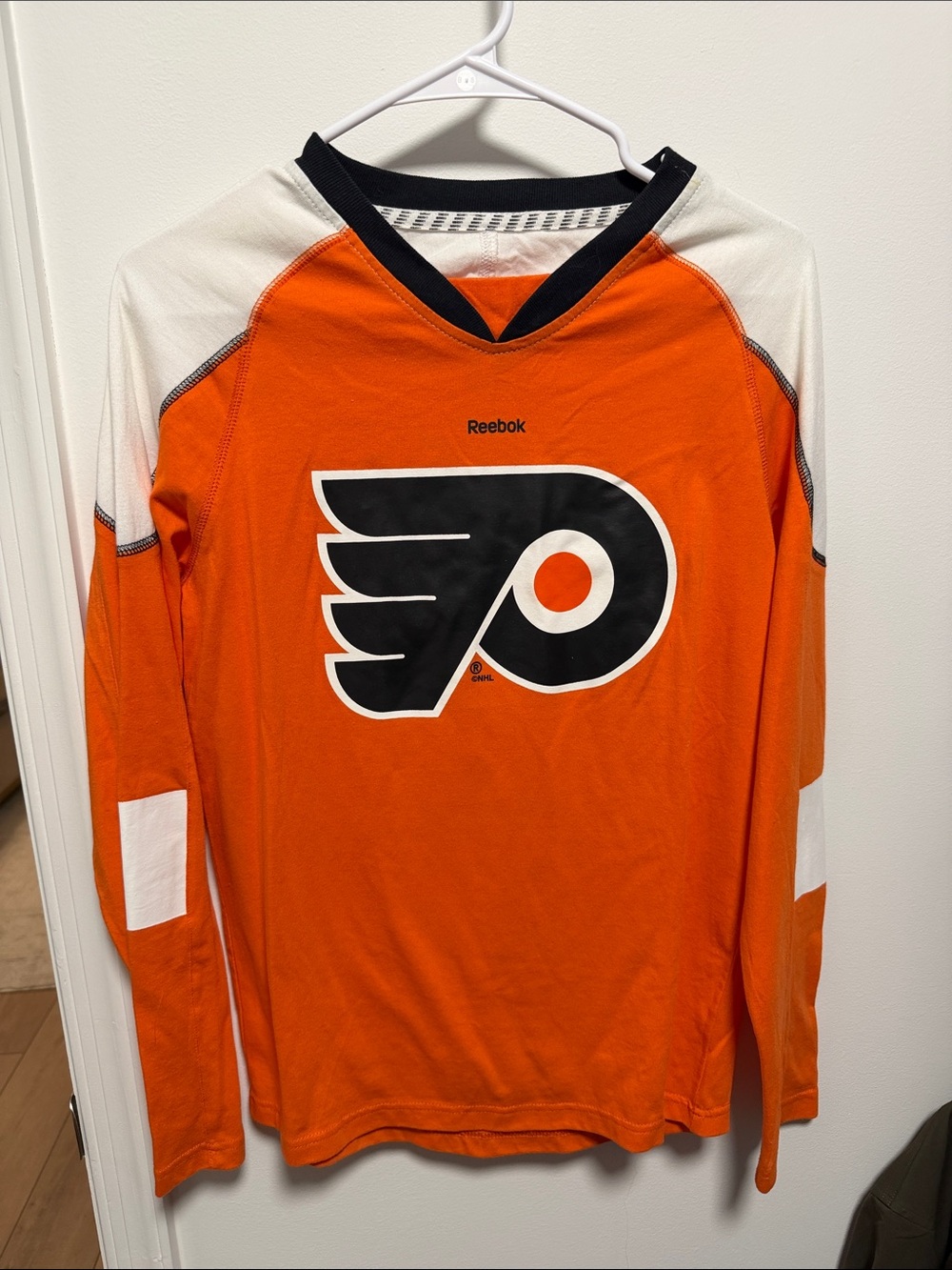 Reebok Orange and White Philadelphia Flyers Long Sleeve Jersey Shirt
